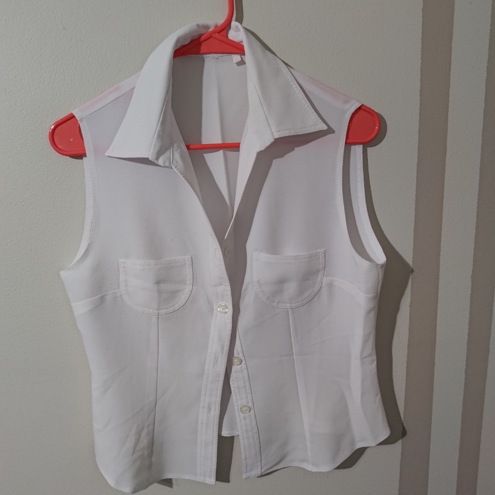 White Sleeveless Button Down Shirt